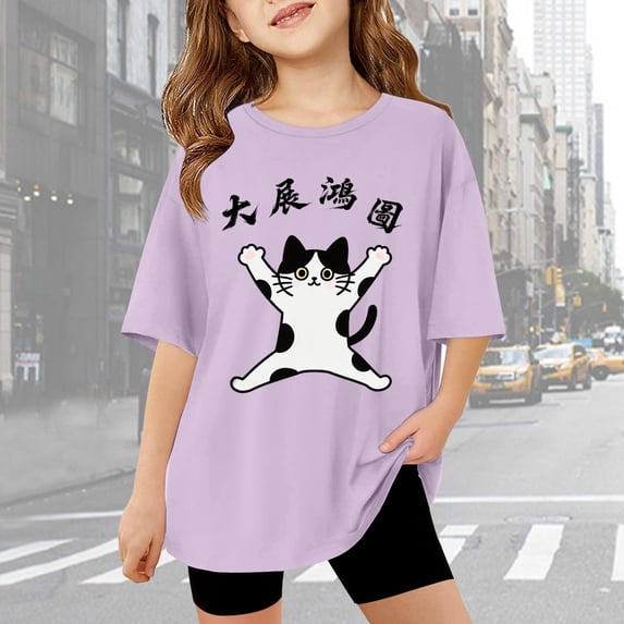 Girls Tops for Kids Casual Graphic Tee with Short Sleeves Soft Blend Comfortable Everyday Wear for School and Play, 11-12 Years, Purple