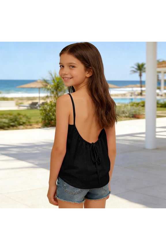 Girls Tops for Summer Comfort Sleeveless Camisole Vest with Flowing Backless Design for Everyday Play and Schoolwear, 8-9 Years, Black