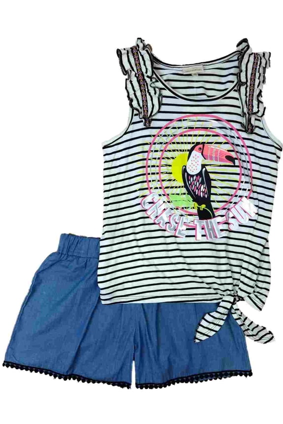 Girls Toucan Outfit Stripe Chase The Sun Shirt & Blue Chambray Shorts Set Medium