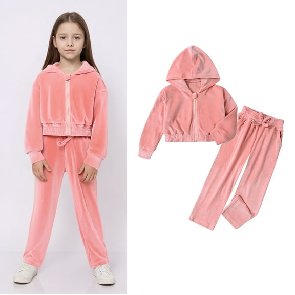 Girls Track Suit Velour Kids Pink Tracksuit Zip Up Cropped Hoodies Sweatpants Set Teen Clothing 7-8 Years