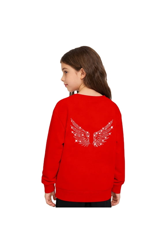 Girls Tracksuit Pullover Hoodie With Sparkly Wing Design Kids Casual Outfit Printed Crewneck Sweatshirt