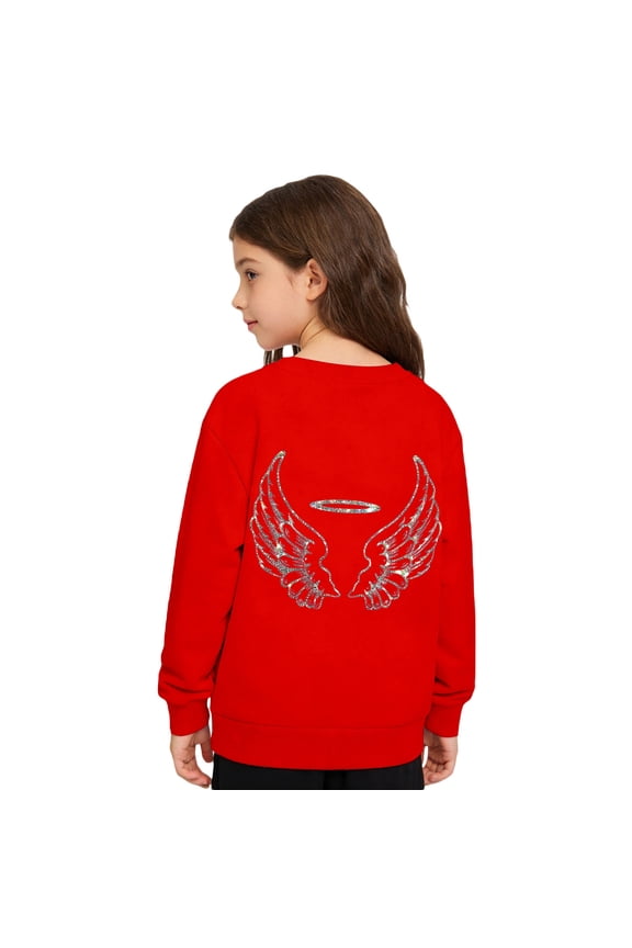 Girls Tracksuit Pullover Hoodie With Sparkly Wing Design Kids Casual Outfit Printed Crewneck Sweatshirt