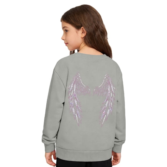 Girls Tracksuit Pullover Hoodie With Sparkly Wing Design Kids Casual Outfit Printed Crewneck Sweatshirt