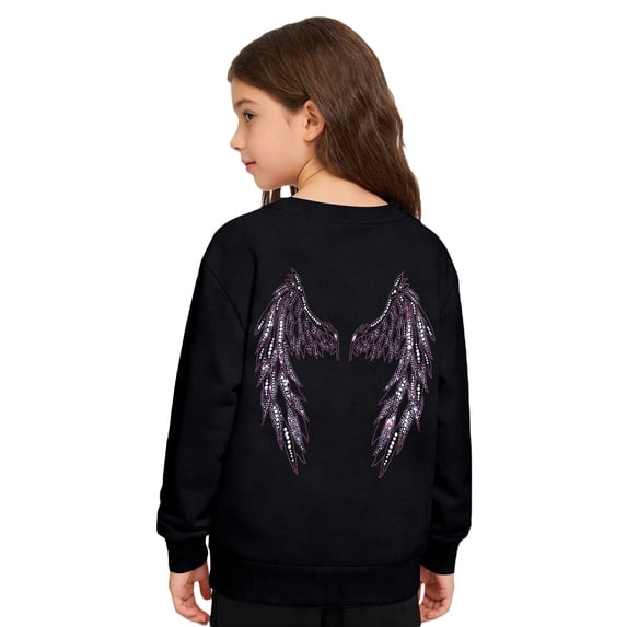 Girls Tracksuit Pullover Hoodie With Sparkly Wing Design Kids Casual Outfit Printed Crewneck Sweatshirt