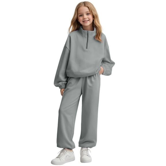 Girls Tracksuit Set Girls Fashion Girls 2 Piece Outfits Tracksuit Drop Shoulder Hoodie Half Zip Sweatshirt and Sweatpants Joggers