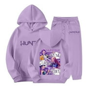 CEANGRTRO Girls Tracksuit Winter Warm Pullover Hoodie With Pants Casual Outfit Cute Printed Jogger Set Purple,160