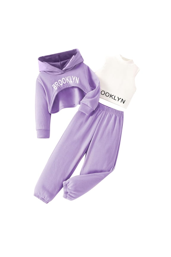 Girls Tracksuits 3 Piece Outfits Brooklyn Printed Cropped Hoodies and Tank Tops with Pants Sets for Fall 3-10 Years