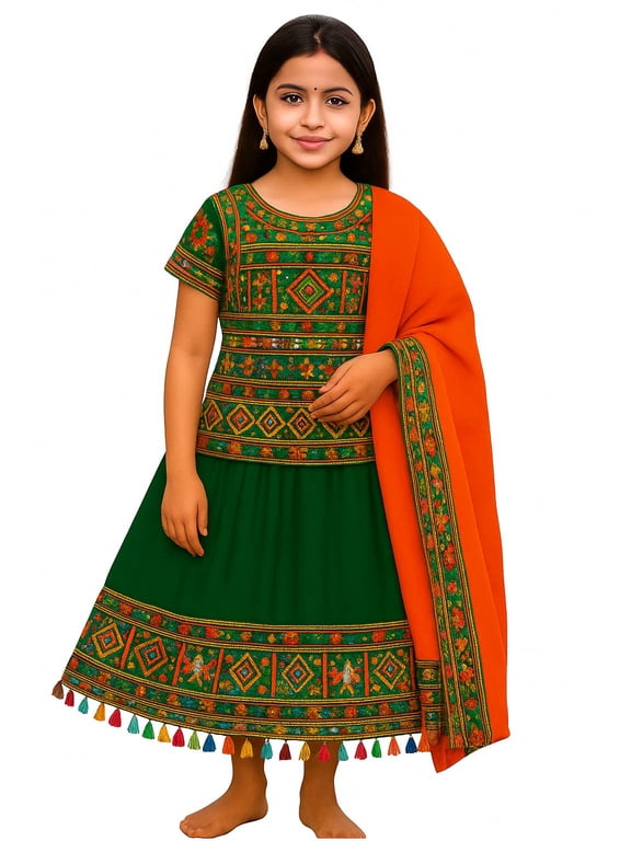 Girls Traditional Gujarati Embroidered Lehenga Choli Set with Dupatta, Cotton Blend Ethnic Wear | Navratri, Garba Outfit (Green, 6-7 Years)