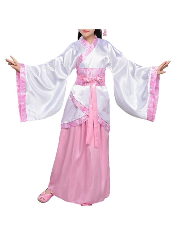 Girls Traditional Hanfu Dress, White Cross-Collar Robe with Colored and Sash, Cosplay
