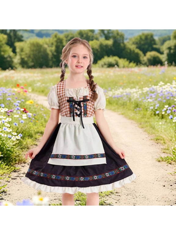 Girls' Traditional Oktoberfest Dirndl Dress, Classic costume for Halloween role play, themed parties and cultural festivals, 4-16 Years Brown 4-6 Years