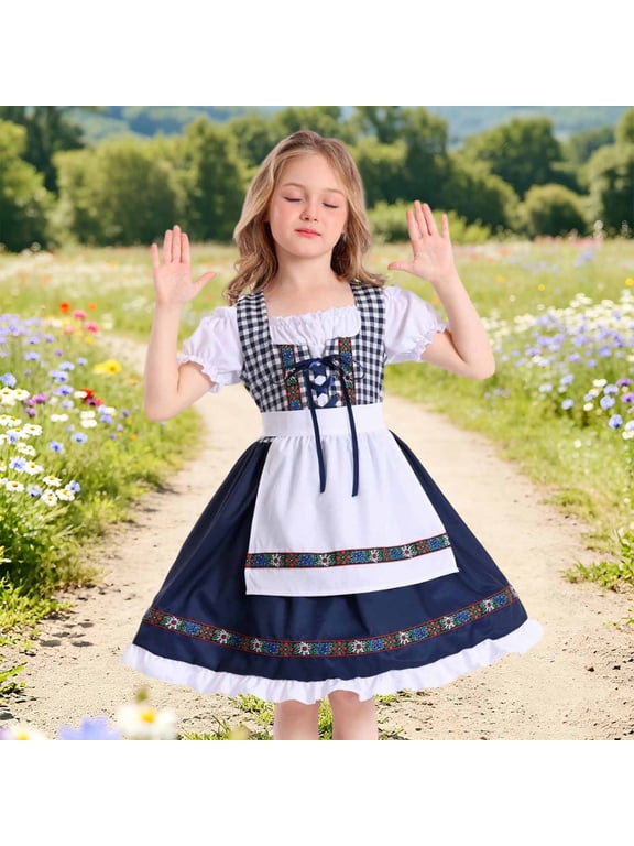 Girls' Traditional Oktoberfest Dirndl Dress, Classic costume for Halloween role play, themed parties and cultural festivals, 4-16 Years Dark Blue 8-10 Years