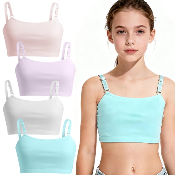 Girls Training Bra Cotton Spaghetti Strap No Pads, Double Layer Design for 8-14 Years Teen, 4 Pack