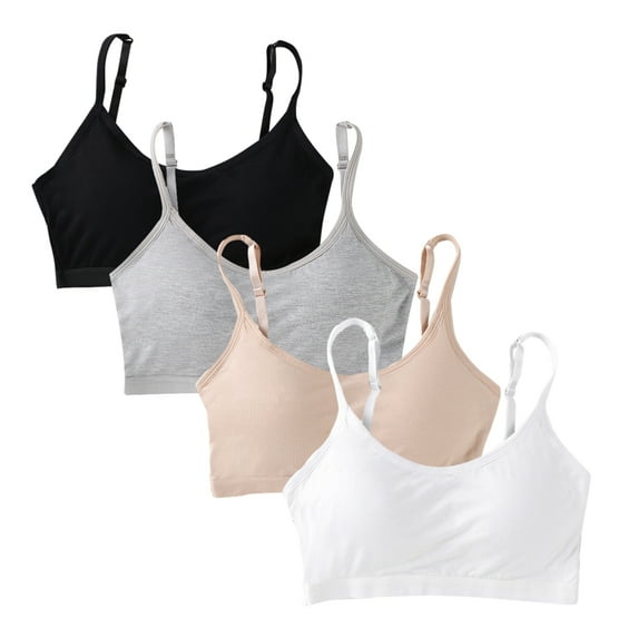 Girls Training Bra Pack –4-Pack Crop Cami Training Bras for Girls. Seamless Bra Design with Removable Padding