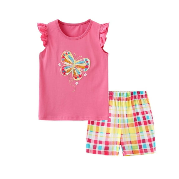 Girls' Travel Style 2 Piece Set Knit Embroidered T Shirt & Multi Color Checkered Shorts Casual Summer Outfit For Beach Vacation for 3-4 Years