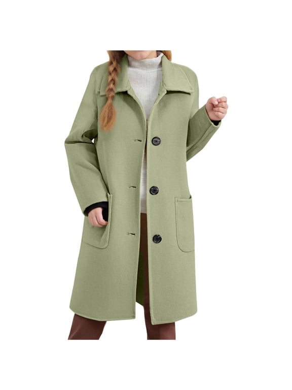 Girls Trench Coat Classic Single Breasted Lapel Coats Button Down Jacket Windbreaker Jackets with Pockets,Fleece Peacoat,Long Sleeve,Midi Length,Outdoor Dressy Clothes,Fall Winter Outerwear