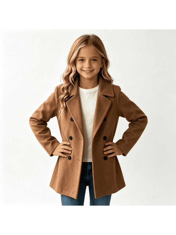 Girls Trench Coat Double Breasted Notched Lapel Fall Fashion Regular Fit Kids Formal Coat Brown 5T