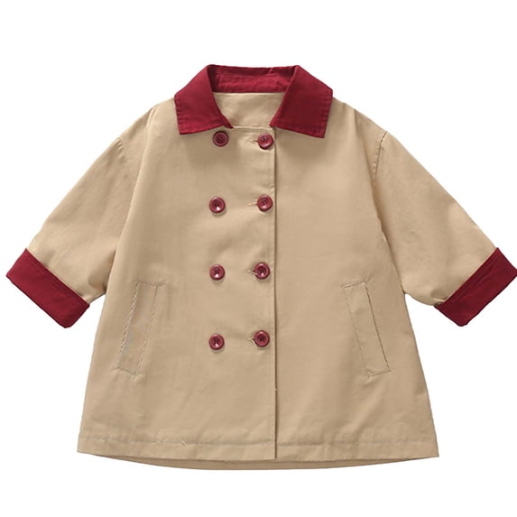 Girls Trench Coat Mid Length Long Sleeve Colorblock Lapel Collar Double Breasted Cotton Winter Jacket Overcoat (2 Years, Khaki)