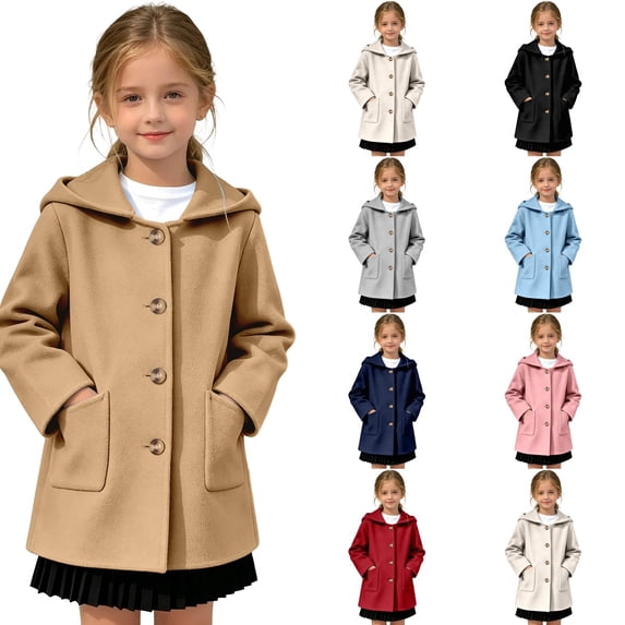 Girls Trench Coats Hooded Cute Windproof Wool Blend Peacoats Kid Girls Winter Jackets (Khaki)