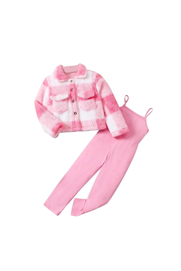 Girls' Trendy Clothes Set Sherpa Fuzzy Plaid Button Jacket and Spaghetti Strap Jumpsuit Winter Outfits 2 Piece (6 Years, Pink)