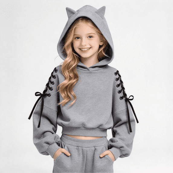 Girls Trendy Cropped Hoodie Casual Long Sleeve Cute Regular Fit Kids Pullover Sweatshirt Gray 5-6 Years