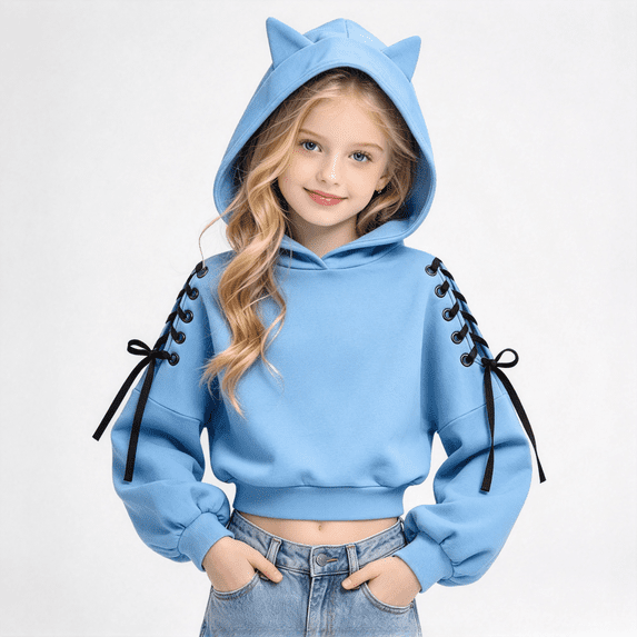 Girls Trendy Cropped Hoodie Cute Regular Fit Casual Long Sleeve Kids Pullover Sweatshirt Blue 9-10 Years