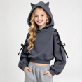 thumbnail image 1 of Girls Trendy Cropped Hoodie Long Sleeve Casual Regular Fit Cute Kids Pullover Sweatshirt Dark Gray 7-8 Years, 1 of 5