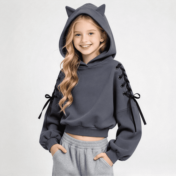 Girls Trendy Cropped Hoodie Long Sleeve Casual Regular Fit Cute Kids Pullover Sweatshirt Dark Gray 7-8 Years