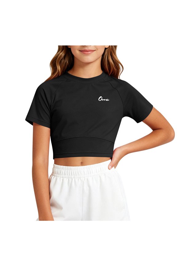 Girls Trendy Cropped T-Shirt, Quick Dry Sun Protection Short Sleeve Crew Neck Top for 5-15 Years Old, Fashionable Casual & Athletic Wear Black 5 Years