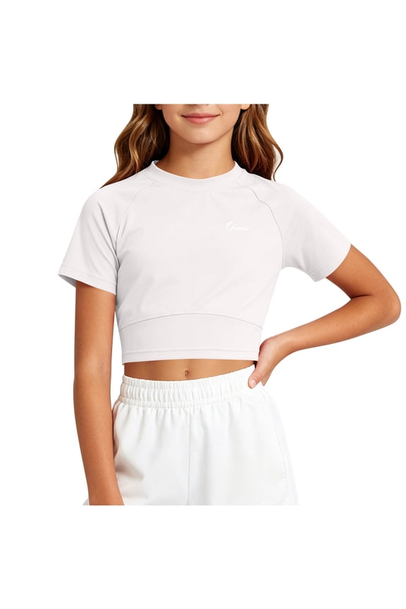 Girls Trendy Cropped T-Shirt, Quick Dry Sun Protection Short Sleeve Crew Neck Top for 5-15 Years Old, Fashionable Casual & Athletic Wear White 7 Years