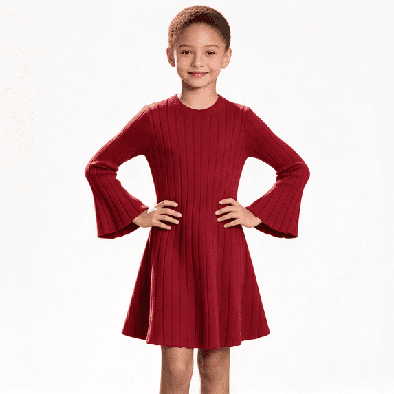 Girls Trendy Ribbed Dresses Casual Crewneck Flowy Flared Long Sleeve Kids Fall Winter Dresses Red 5-14