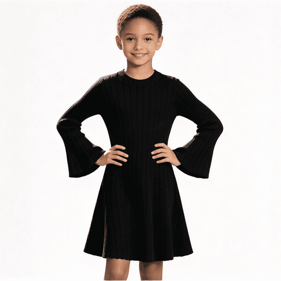 Girls Trendy Ribbed Dresses Casual Flared Long Sleeve Crewneck Flowy Kids Fall Winter Dresses Black 12