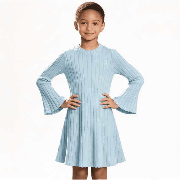 Girls Trendy Ribbed Dresses Crewneck Flowy Flared Long Sleeve Casual Kids Fall Winter Dresses Blue 14