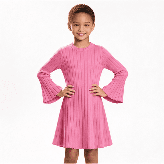 Girls Trendy Ribbed Dresses Flared Long Sleeve Flowy Crewneck Casual Kids Fall Winter Dresses Hot Pink 10