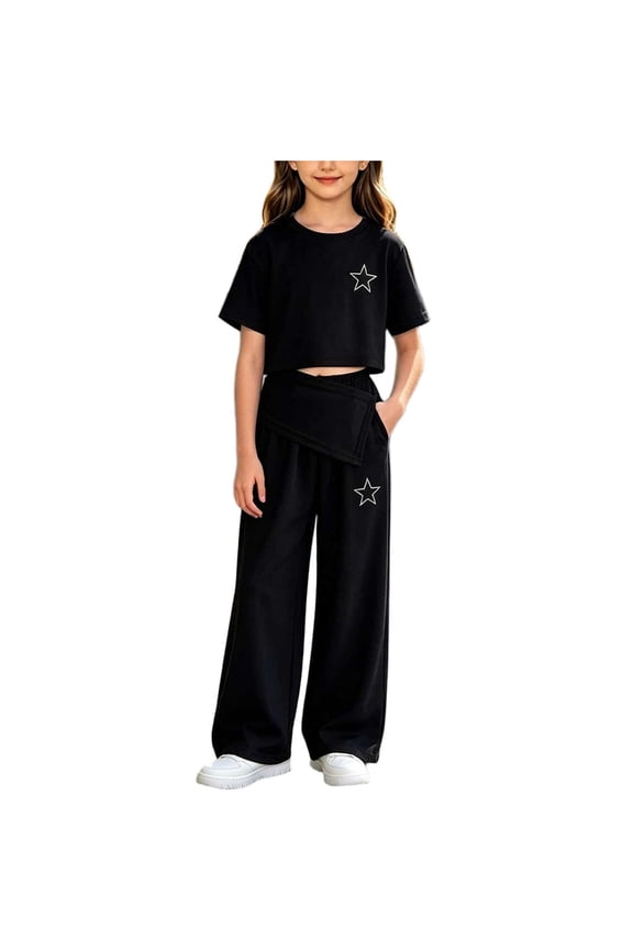 Girls Trendy Star Print Crop Top & Wide Leg Pants Set, Casual Two-Piece Outfit for 7-15 Years Old, Stylish Streetwear for Teens Black 7 Years