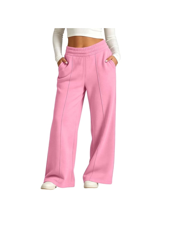 Girls Trendy Sweatpants with Pockets Casual Elastic Waist Baggy Fall Winter Kids Wide Leg Pants Pink 5-14