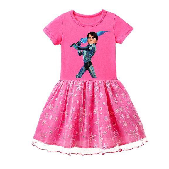 Girls' Trollhunters Tulle Short Sleeve Cotton Dress with Prints - A Perfect Summer Fashion Piece