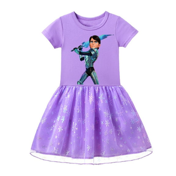 Girls' Trollhunters Tulle Short Sleeve Cotton Dress with Prints - A Perfect Summer Fashion Piece