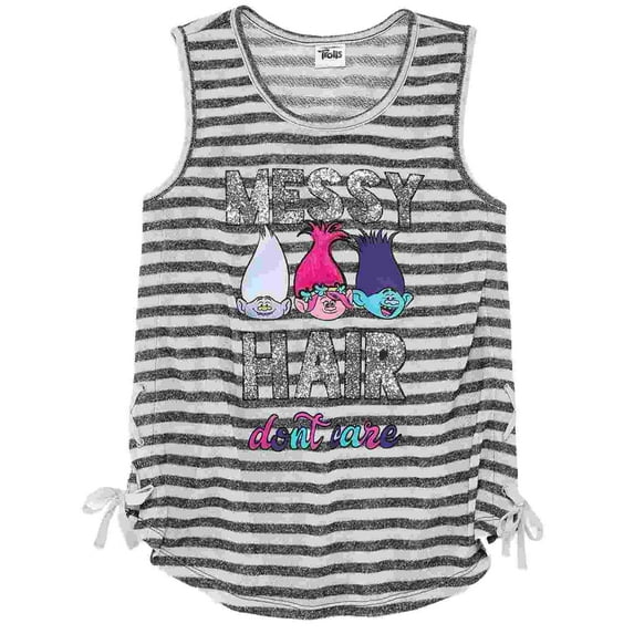 Girls Trolls Movie Messy Hair Don't Care T-Shirt Gray Stripe Poppy Tank Top S