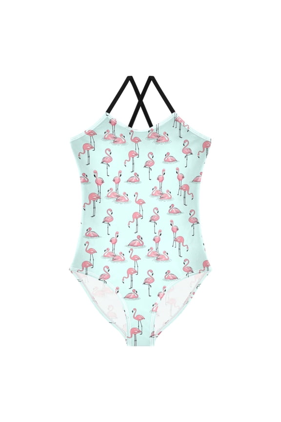 Girls Tropical Flamingo Swimming Print One Piece Swimsuit, Cross Back Spaghetti Strap Bathing Suit for Kids Summer Beach Pool Swimwear 7-8T