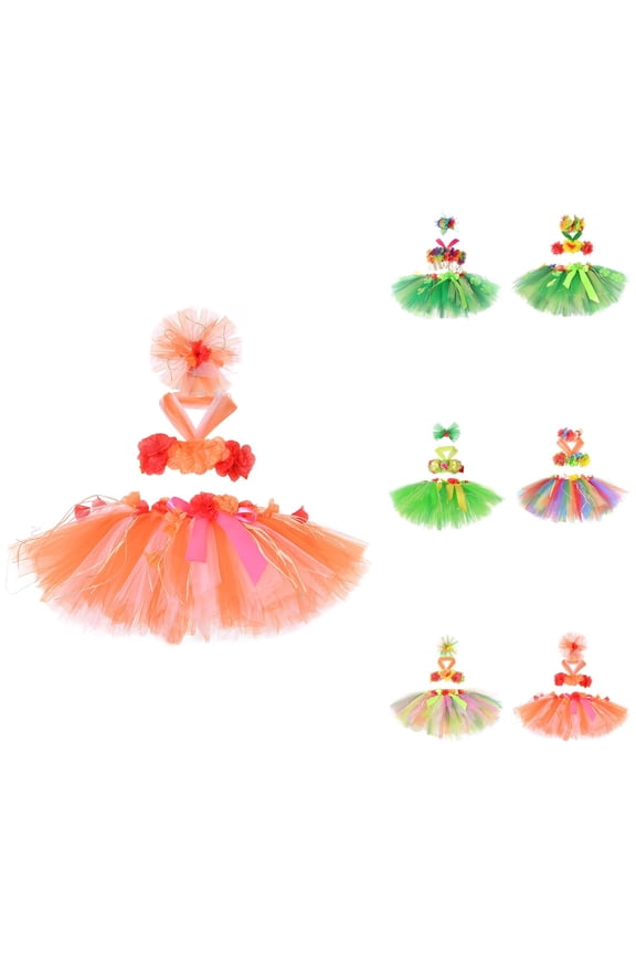 Girls Tropical Luau Party Dress with Skirt, 3-Piece Hawaiian Hula Tutu Set for Girls & Babies, for Beach Parties, Bonfires, Dance Performances & Theme Celebrations