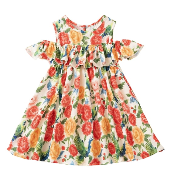 Girls Tropical Print Cold Shoulder Dress Summer Flutter Sleeve Casual Party A-Line Sundress Multicolor,Size 7-8 T