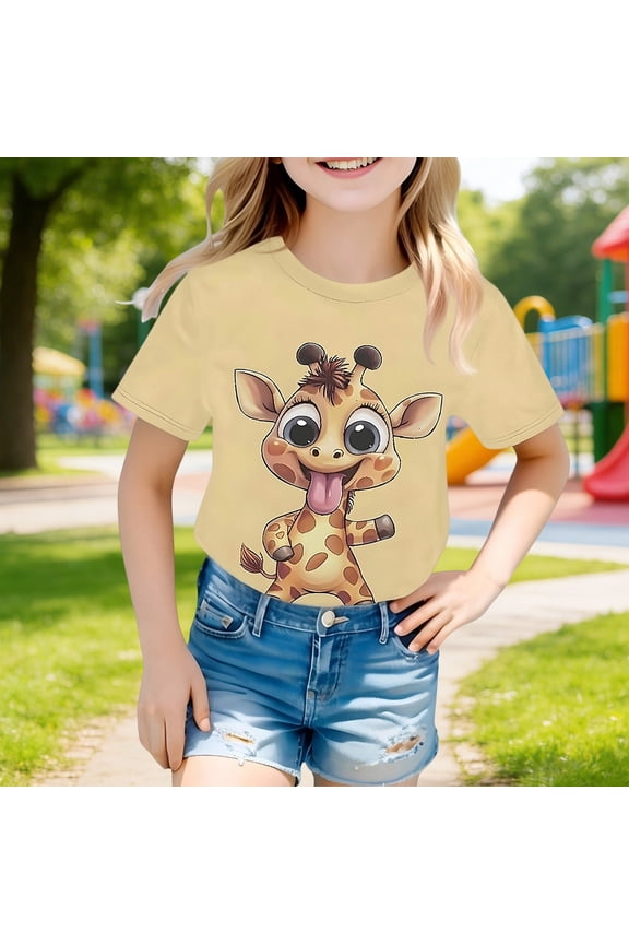 Girls Tshirt Size 4-5Y Comfort Cartoon Giraffe Print Short Sleeve Round Neck Top Girls Clothes