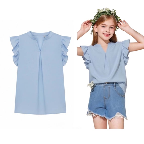 Girls Tshirt V Neck Sleeveless Tween Blue T Shirt Soft Casual Girls Tees 11-12 Years