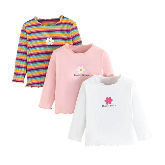 Girls Tshirts 3 Pack Toddler Baby Girls Fall Long Sleeve T Shirt Floral Letter Print Round Neck Top Breathable Soft Toddler Shirts Multicolour 9 Months-12 Months