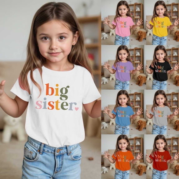 Girls Tshirts Big Sister Summer Sailor Collar Short Sleeve Cotton Shirt Top Girls' Tops Yellow 7-8 Years