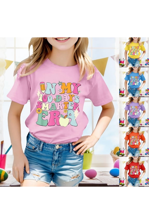 Girls Tshirts Boys 100 Days Of School Happy Print Short Sleeve Casual Tee Girls' Tops Yellow 4-5 Years