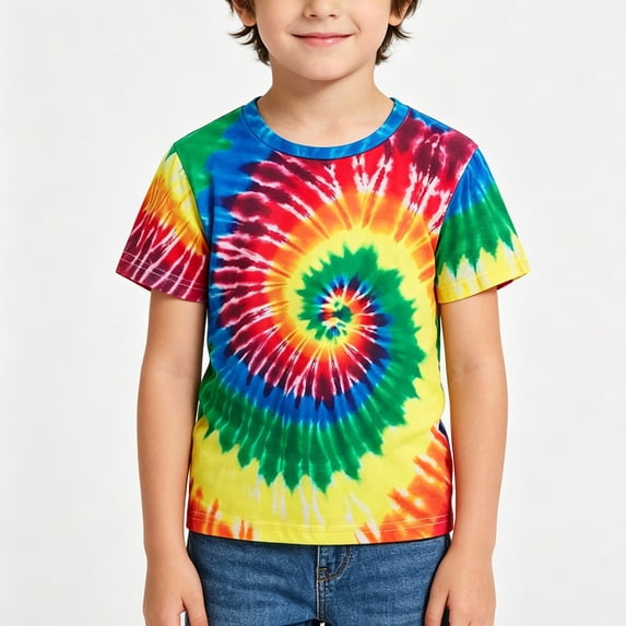 Girls Tshirts Breathable Tie Dye Print Crew Neck Short Sleeve Tee for Casual Wear Girls' Tops Tees Blouses Multicolour 2 Years-3 Years