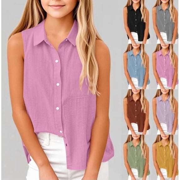 Girls Tshirts Button Down Sleeveless Vest Shirt Casual Tank Top Girls' Tops Light Green 4-5 Years