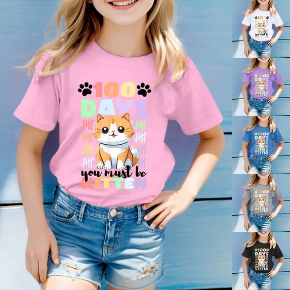 Girls Tshirts Children 100 Days Of School Print Short Sleeve Crewneck Casual Top Girls' Tops Purple 4-5 Years