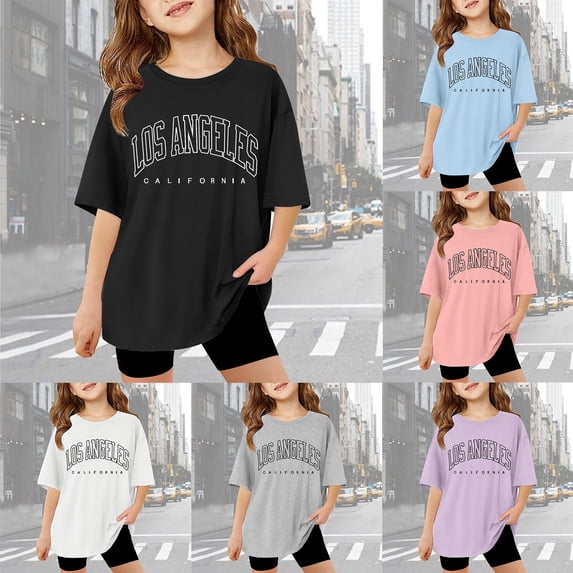 Girls Tshirts Children Alphabet Graphic Tee Short Sleeve Round Neck Loose Top Girls Tops Light Blue 9-10 Years